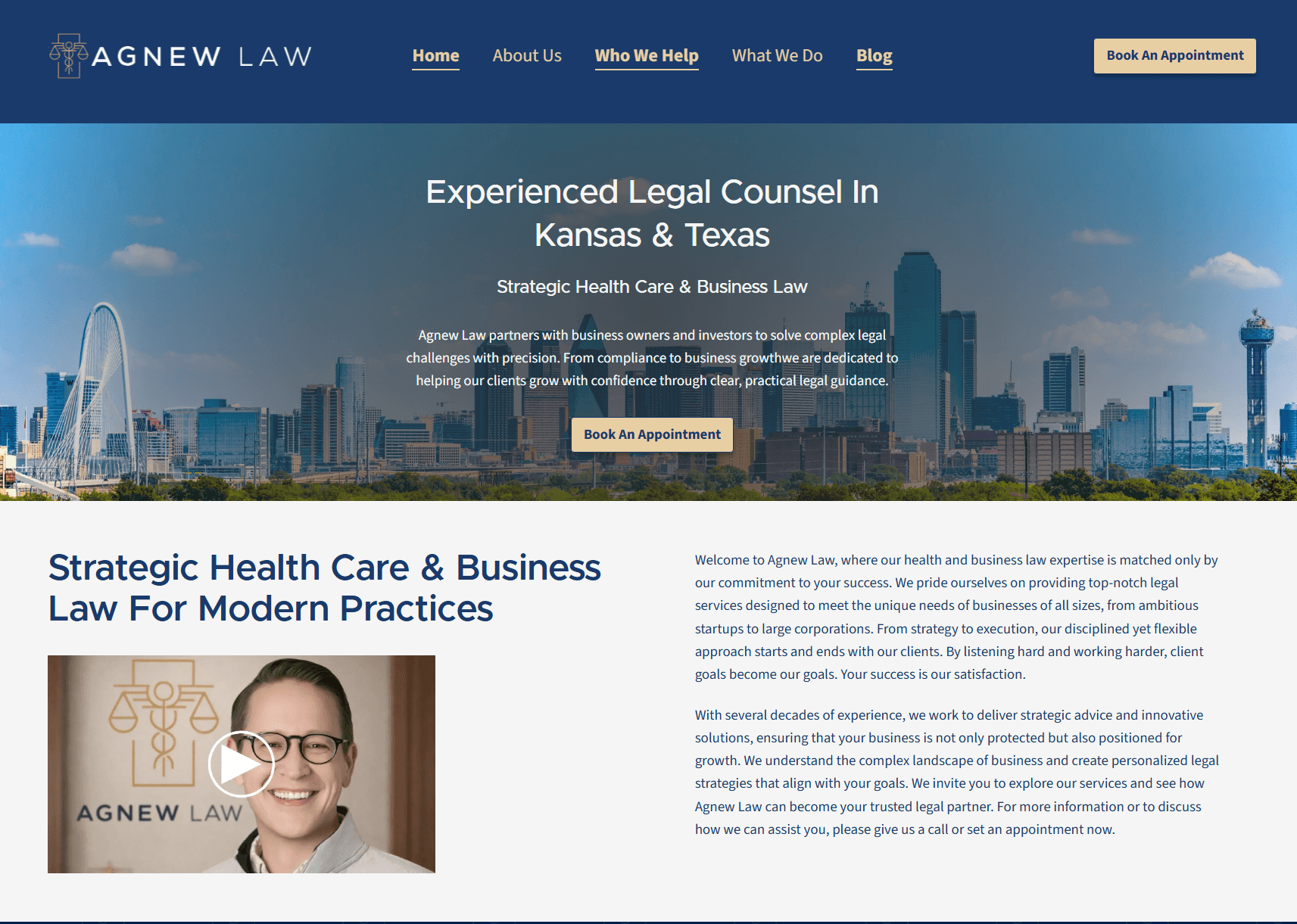 splash page of agnew law, showing the copy announcing who they are and background image of dallas, tx